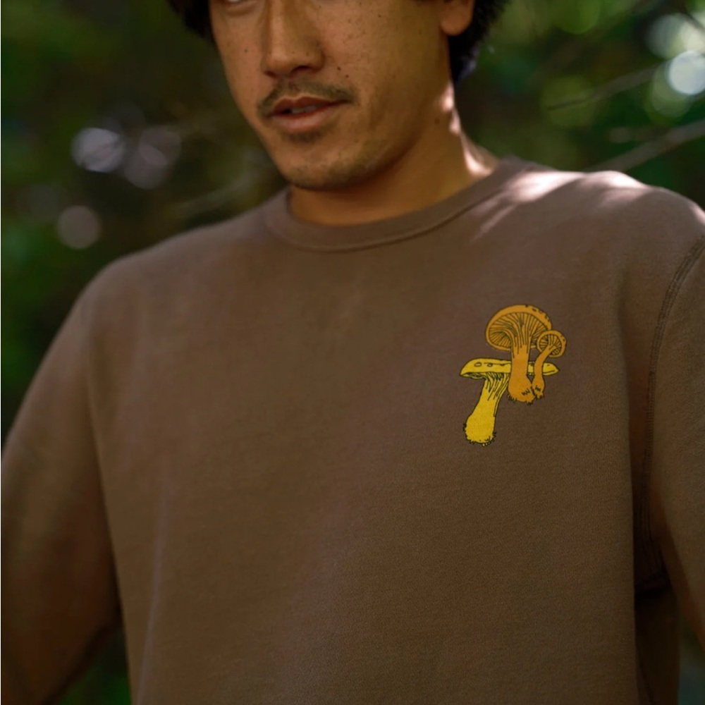 Mollusk California Brown Crewneck Sweatshirt with Yellow Mushroom Detail